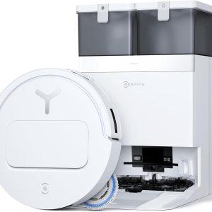 جاروبرقی رباتیک ECOVACS 15,000 Pa DEEBOT T50 PRO Omni با ایستگاه همه‌کاره، برس کناری و تی گسترش‌یافته، شست‌وشوی خودکار تی با آب داغ 75°C، فوق‌باریک 81 mm، سفید