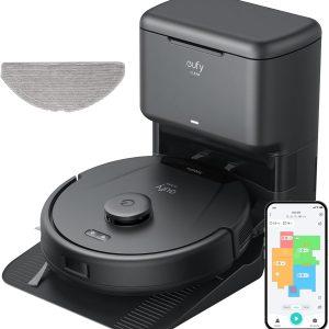 جارو رباتیک هیبریدی eufy L60 با ایستگاه تخلیه خودکار، فناوری بازکردن گره مو، تا 60 روز نظافت بدون دخالت دست، مکش فوقالعاده قوی 5,000 Pa برای حذف مو و گردوغبار، پد تی