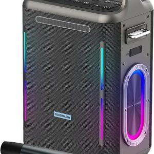 دستگاه کارائوکه Powerology برای بزرگسالان با میکروفون بیسیم، قابل شارژ، اسپیکر پارتی بلوتوثی بزرگ، توان پیک 300W، زمان پخش 20H، نمایش نور هیجانانگیز، قابل حمل برای خانه و رویدادهای فضای باز